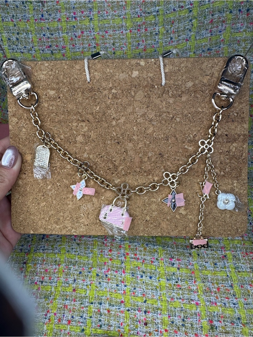 A A great Gold-Tone Pink Charm- Decorative Cross, Bag & Flower Charms